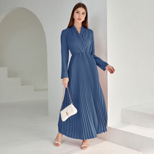 

Solid Surplice Front Pleated Hem Dress, Blue