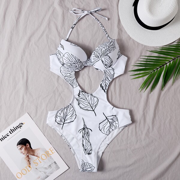 

Leaf Print Cut-out One Piece Swimsuit, Black and white