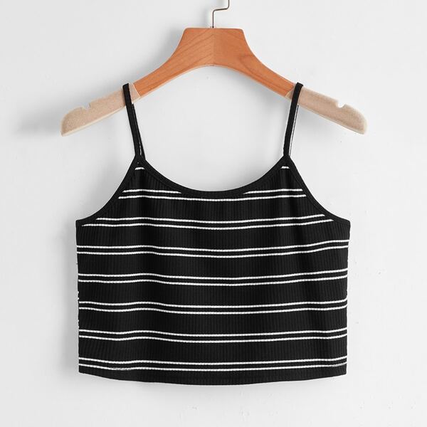 

Plus Striped Rib knit Crop Cami Top, Black and white