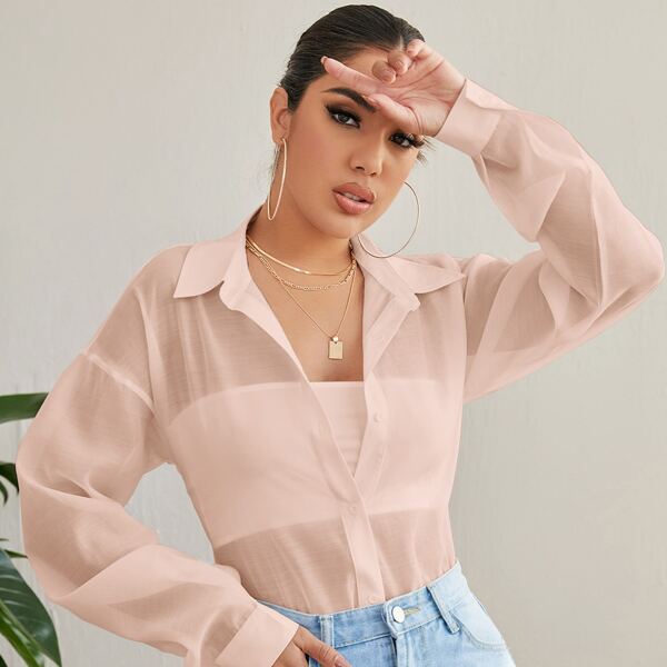 

Button Up Drop Shoulder Sheer Blouse, Baby pink