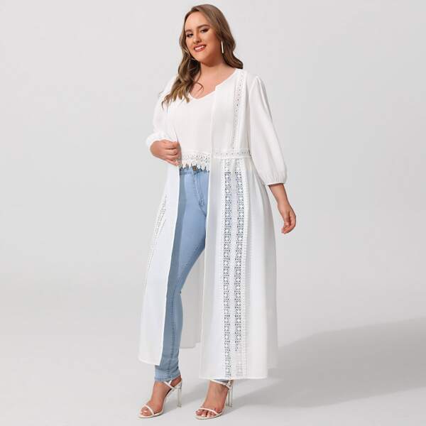 

Plus Guipure Lace Insert Kimono, White