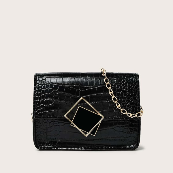 

Croc Embossed Flap Chain Bag, Black