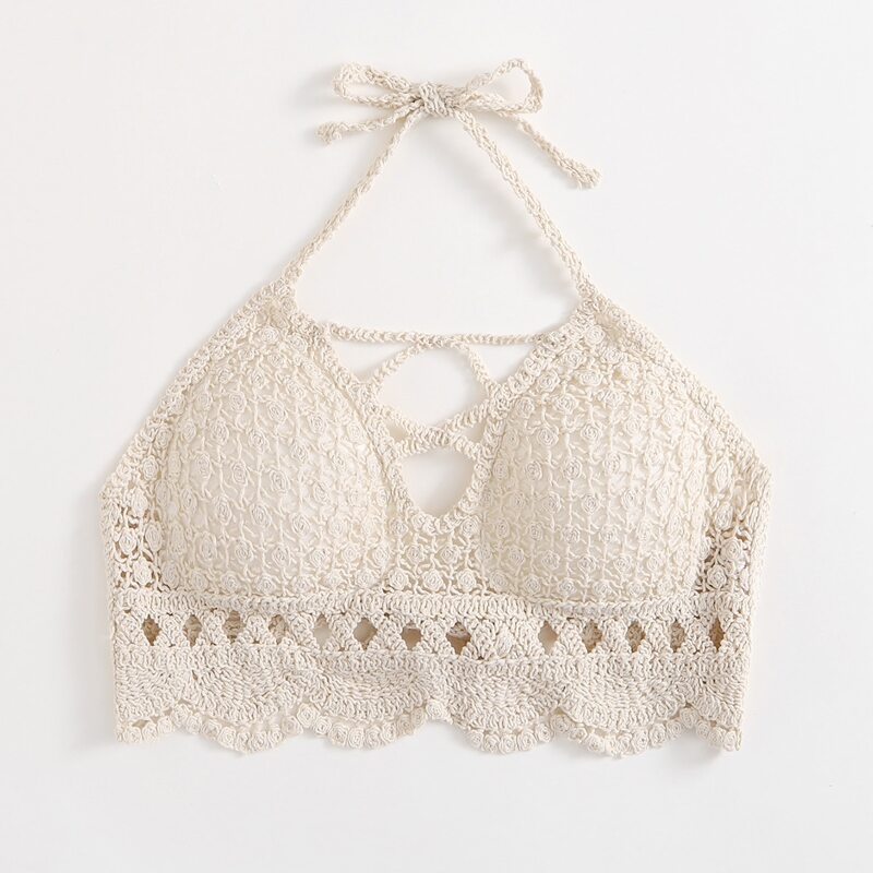 

Solid Crochet Halter Crop Top, Beige