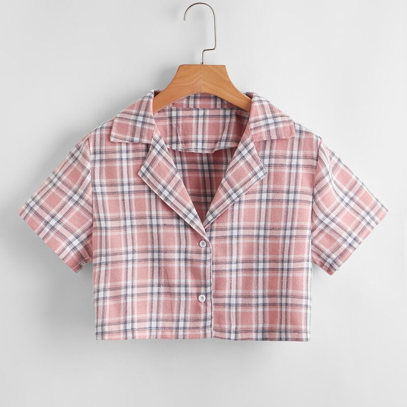 

Plaid Button Front Crop Blouse, Multicolor