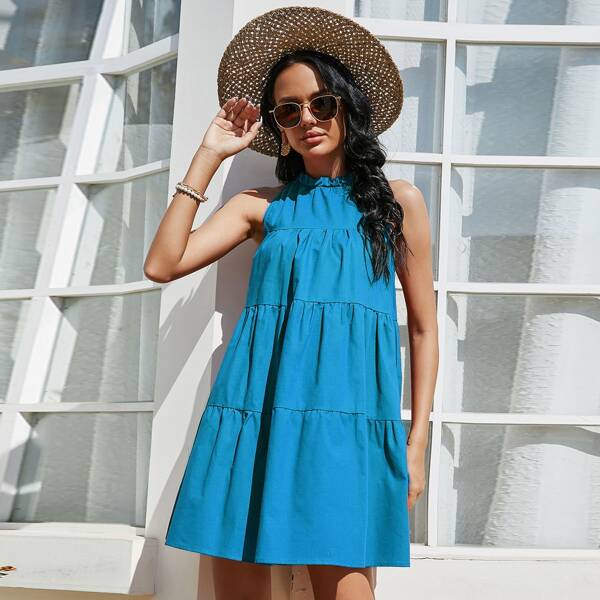 

Solid Frill Neck Sleeveless Smock Dress, Blue