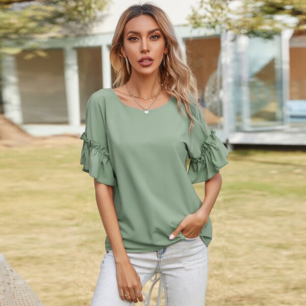 

Frill Bell Sleeve Keyhole Back Top, Mint green