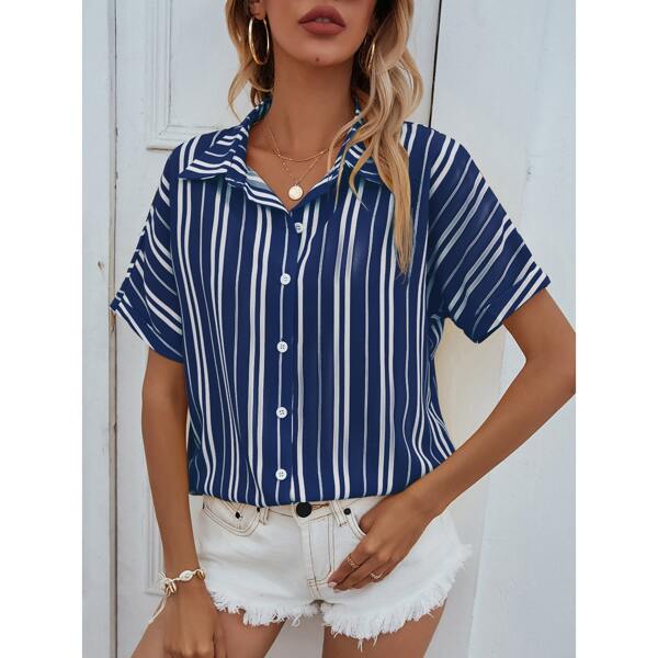 

Button Front Striped Top, Blue and white