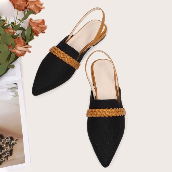 

Braided Detail Point Toe Slingback Flats, Black