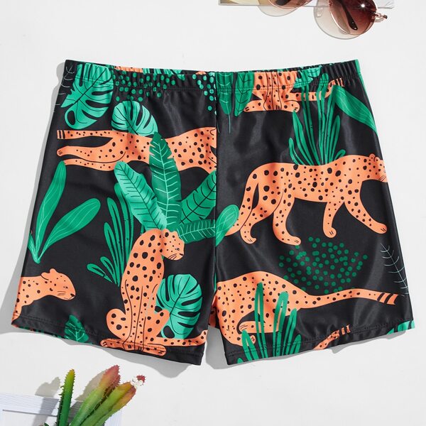 

Men Cheetah And Tropical Print Swim Trunks, Multicolor