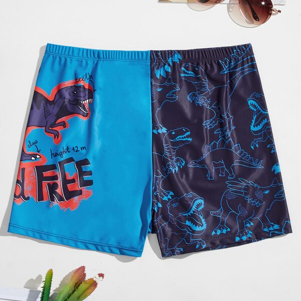 

Men Dinosaur And Letter Graphic Swim Trunks, Blue