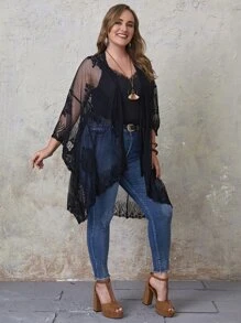 Plus Embroidery Sheer Lace High Low Hem Kimono - Black - View 1