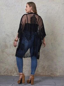 Plus Embroidery Sheer Lace High Low Hem Kimono - Black - View 2