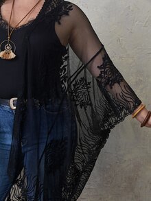Plus Embroidery Sheer Lace High Low Hem Kimono - Black - View 3