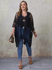 Plus Embroidery Sheer Lace High Low Hem Kimono - Black - View 4