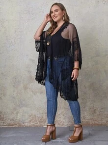 Plus Embroidery Sheer Lace High Low Hem Kimono - Black - View 5