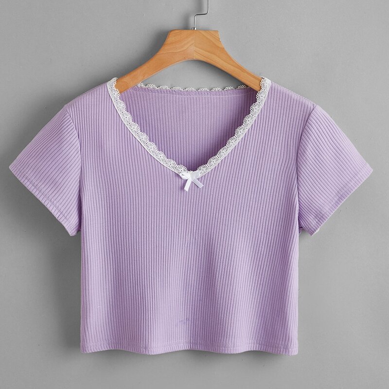

Contrast Lace Ribbed Bow Crop Tee, Lilac purple