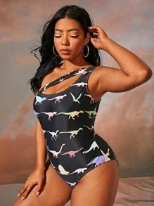 Plus Dinosaur Pattern One Piece Swimsuit - Multicolor - View 1