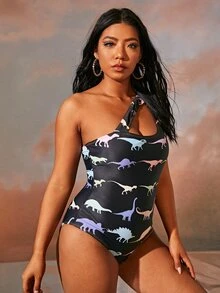 Plus Dinosaur Pattern One Piece Swimsuit - Multicolor - View 4