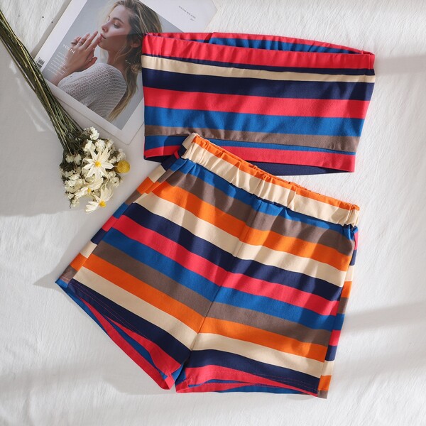 

Rainbow Striped Tube Top & Shorts Set, Multicolor