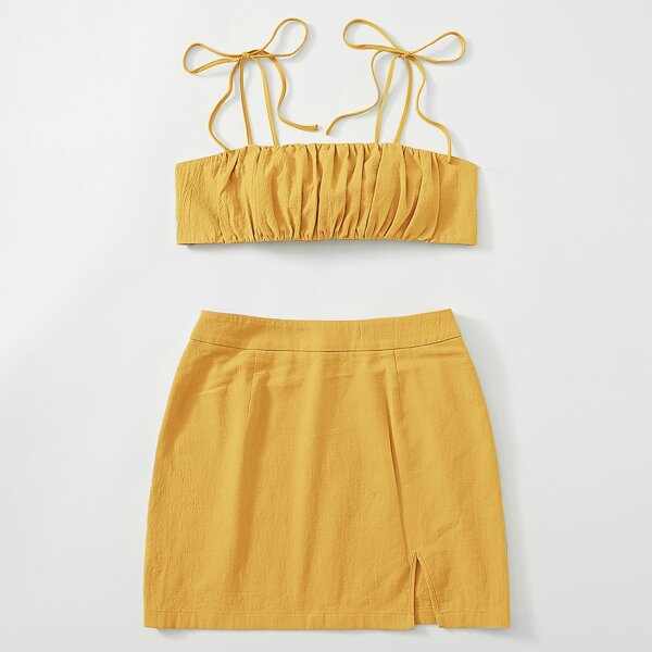 

Knot Shoulder Tie Back Ruched Bust Crop Cami Top & Split Hem Skirt Set, Mustard yellow