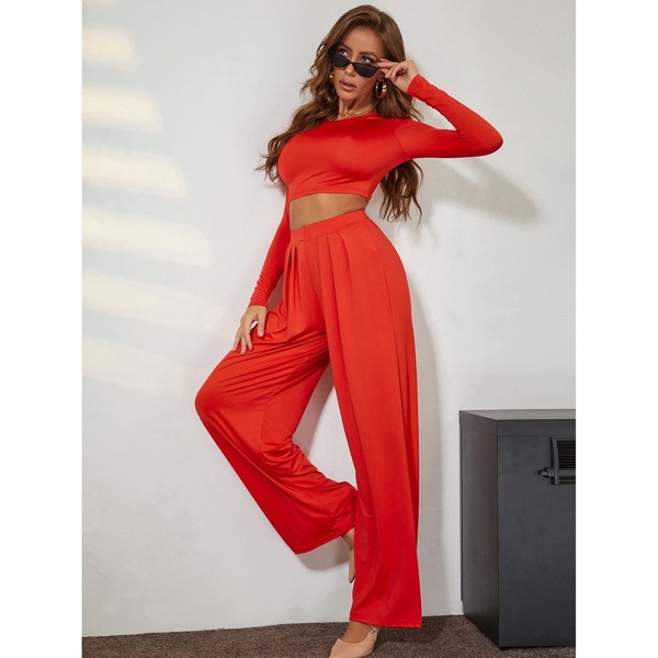 

Round Neck Crop Tee & Fold Pleat Wide Leg Pants Set, Red