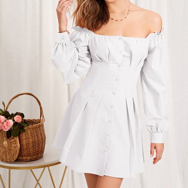 

Ruffle Button Front Pleated Hem Dress, White