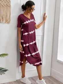 Striped Curved Hem Split Tee Dress - Maroon - View 1