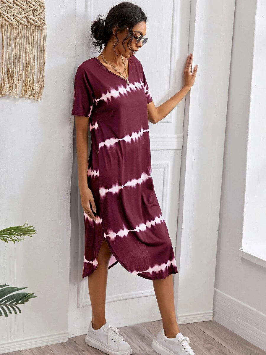 Striped Curved Hem Split Tee Dress - Maroon - View 1