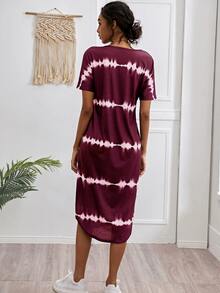 Striped Curved Hem Split Tee Dress - Maroon - View 2