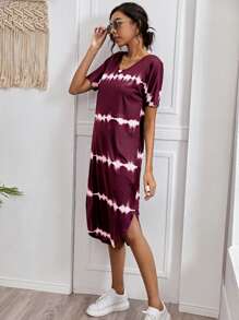 Striped Curved Hem Split Tee Dress - Maroon - View 3