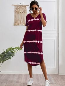 Striped Curved Hem Split Tee Dress - Maroon - View 4