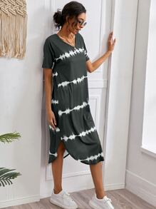 Striped Curved Hem Split Tee Dress - Dark Grey - View 1