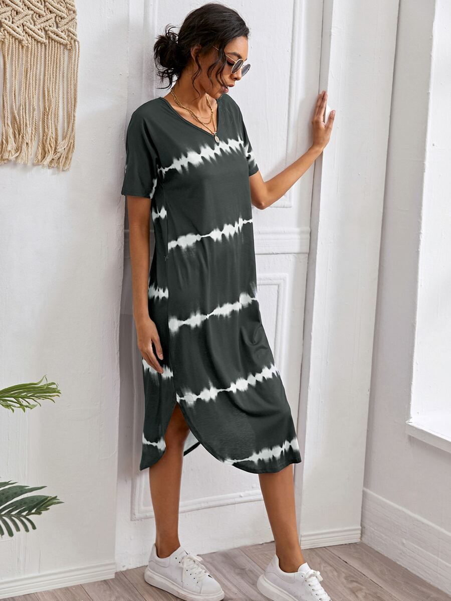 Striped Curved Hem Split Tee Dress - Dark Grey - View 1