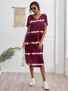 Striped Curved Hem Split Tee Dress - Maroon - View 5