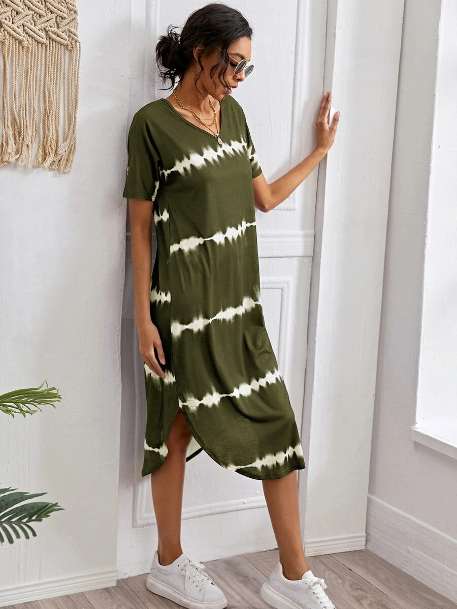 Striped Curved Hem Split Tee Dress - Army Green - View 1