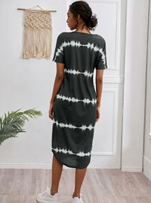 Striped Curved Hem Split Tee Dress - Dark Grey - View 2