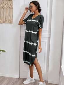 Striped Curved Hem Split Tee Dress - Dark Grey - View 3