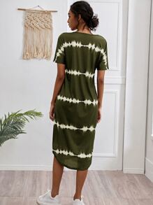 Striped Curved Hem Split Tee Dress - Army Green - View 2