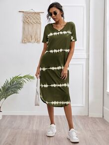Striped Curved Hem Split Tee Dress - Army Green - View 3