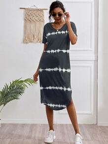 Striped Curved Hem Split Tee Dress - Dark Grey - View 4