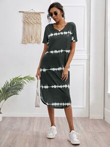 Striped Curved Hem Split Tee Dress - Dark Grey - View 5