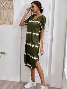 Striped Curved Hem Split Tee Dress - Army Green - View 4