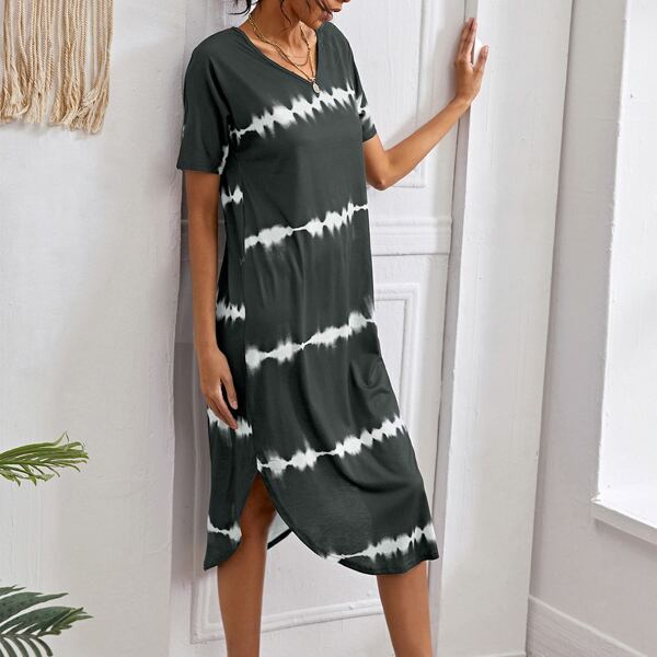 

Striped Curved Hem Split Tee Dress, Dark grey