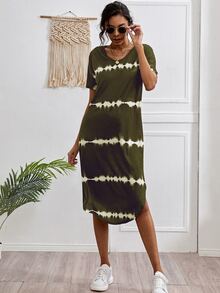 Striped Curved Hem Split Tee Dress - Army Green - View 5