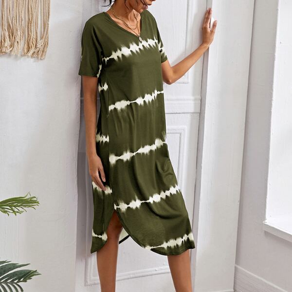 

Striped Curved Hem Split Tee Dress, Army green