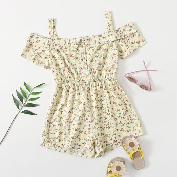 

Girls Ditsy Floral Cold Shoulder Button Front Romper, Multicolor