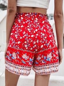 繫帶荷葉邊下擺小碎花短褲 - 紅色 - 查看 2