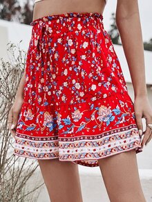繫帶荷葉邊下擺小碎花短褲 - 紅色 - 查看 5
