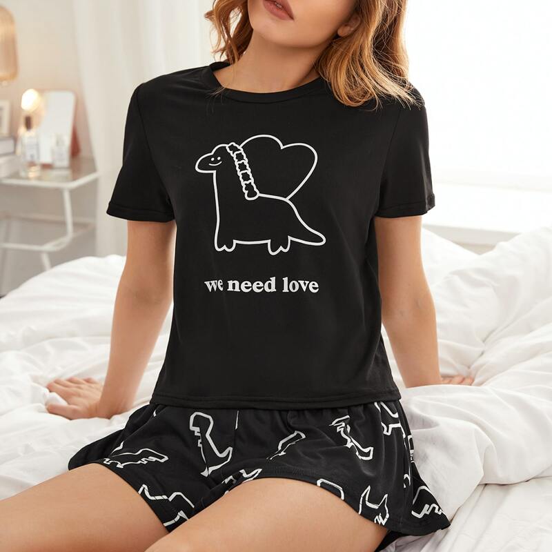

Cartoon And Slogan Graphic PJ Set, Black