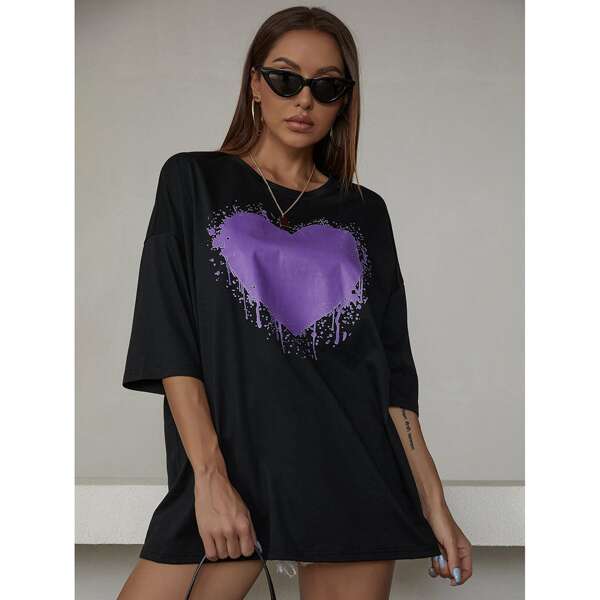 

Heart Print Drop Shoulder Oversized Tee, Black